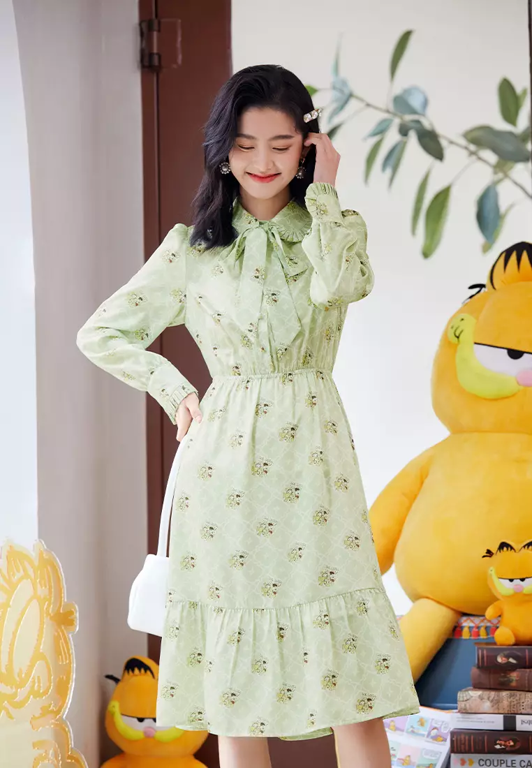 Allover Cartoon Print Dress with Ruffle Collar and Collar Tie