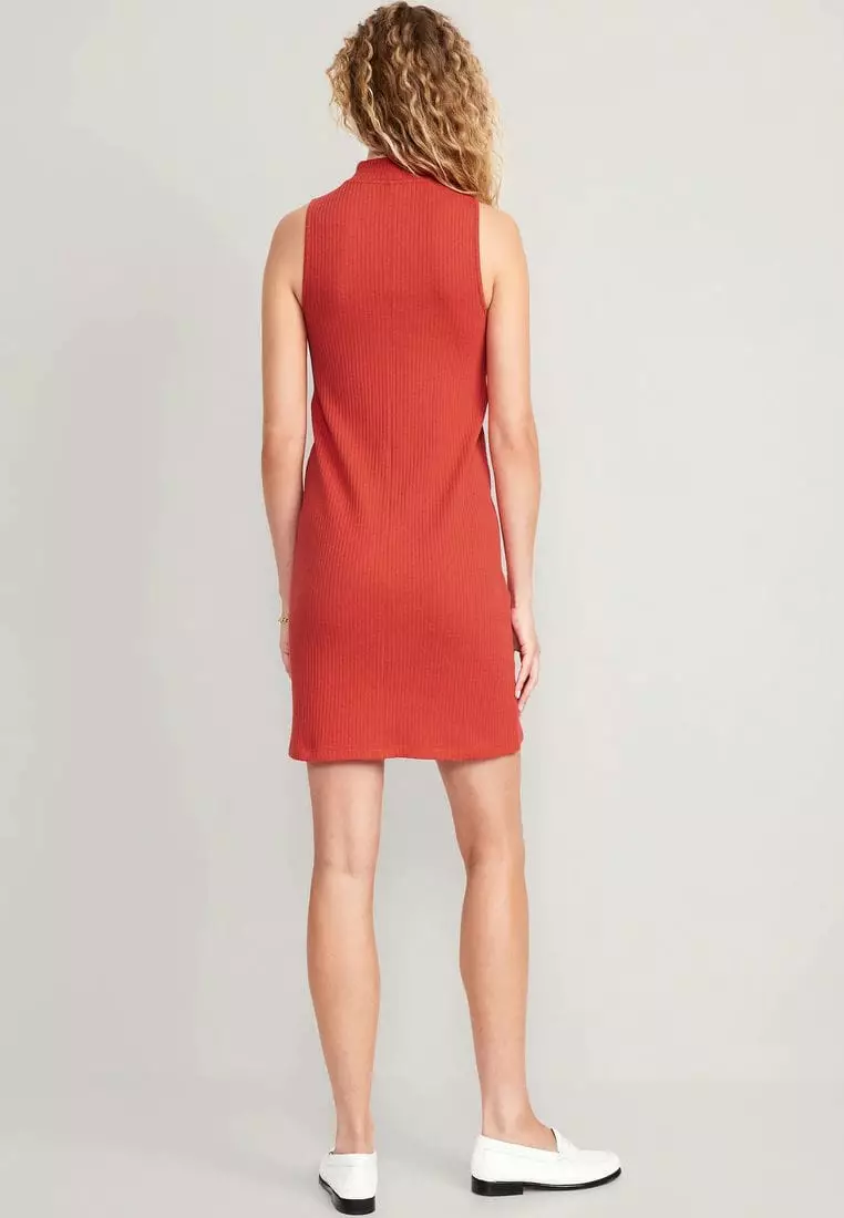 Sleeveless Mock-Neck Rib-Knit Mini Shift Dress for Women