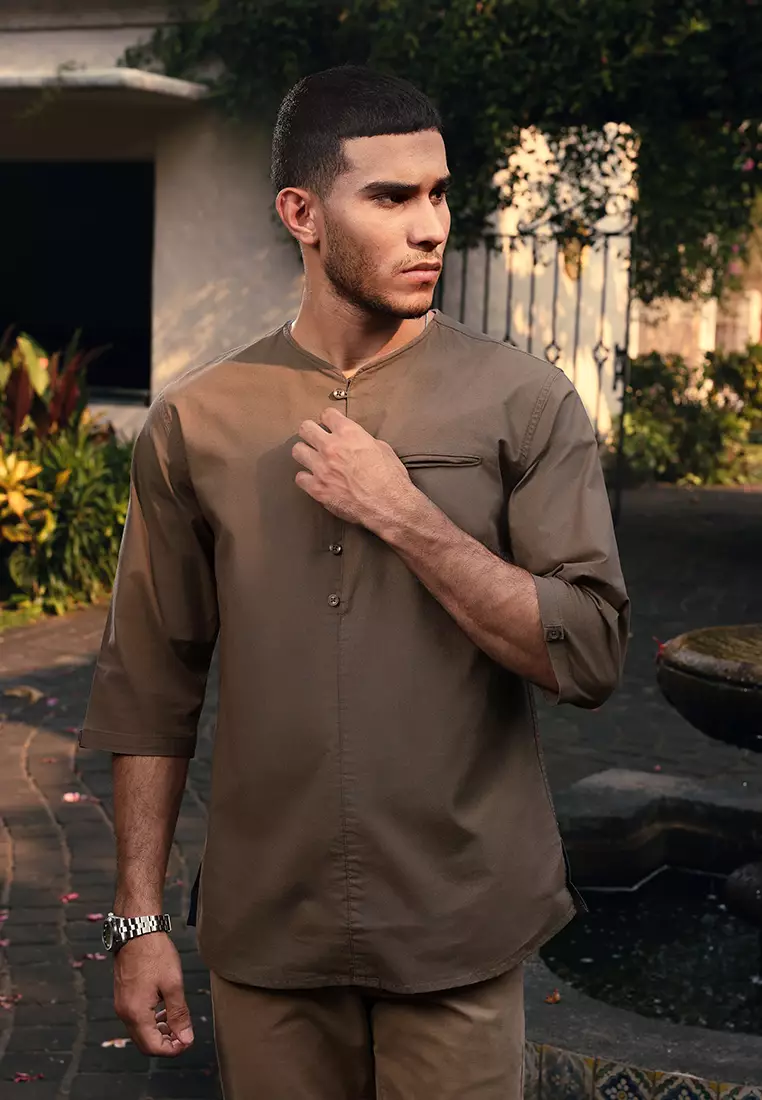 OXCON kemeja Vneck Henley Collarless shirt Olive Green