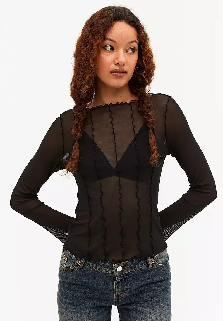 Buy Monki Long Sleeved Mesh Top in Dark/Black 2024 Online