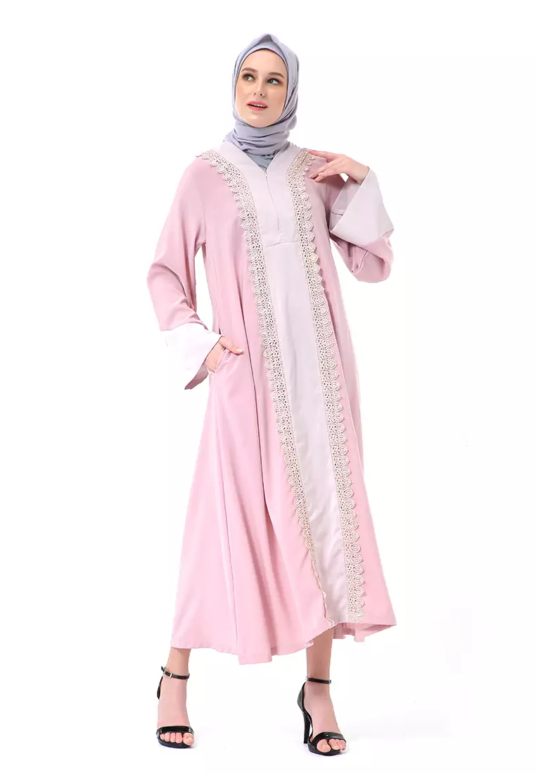 Catlana Long Hidden Pocket Abaya Turkey Variasi Renda Premium High Quality - Rose