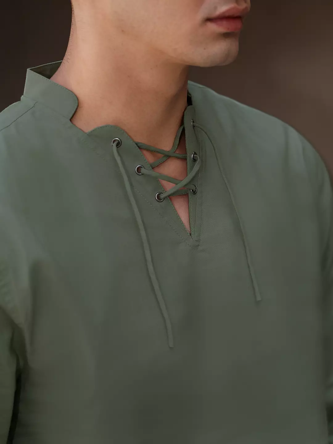 OXCON ZUHUD Kemeja koko Modern Linen Look Collarless Shirt Forest Green