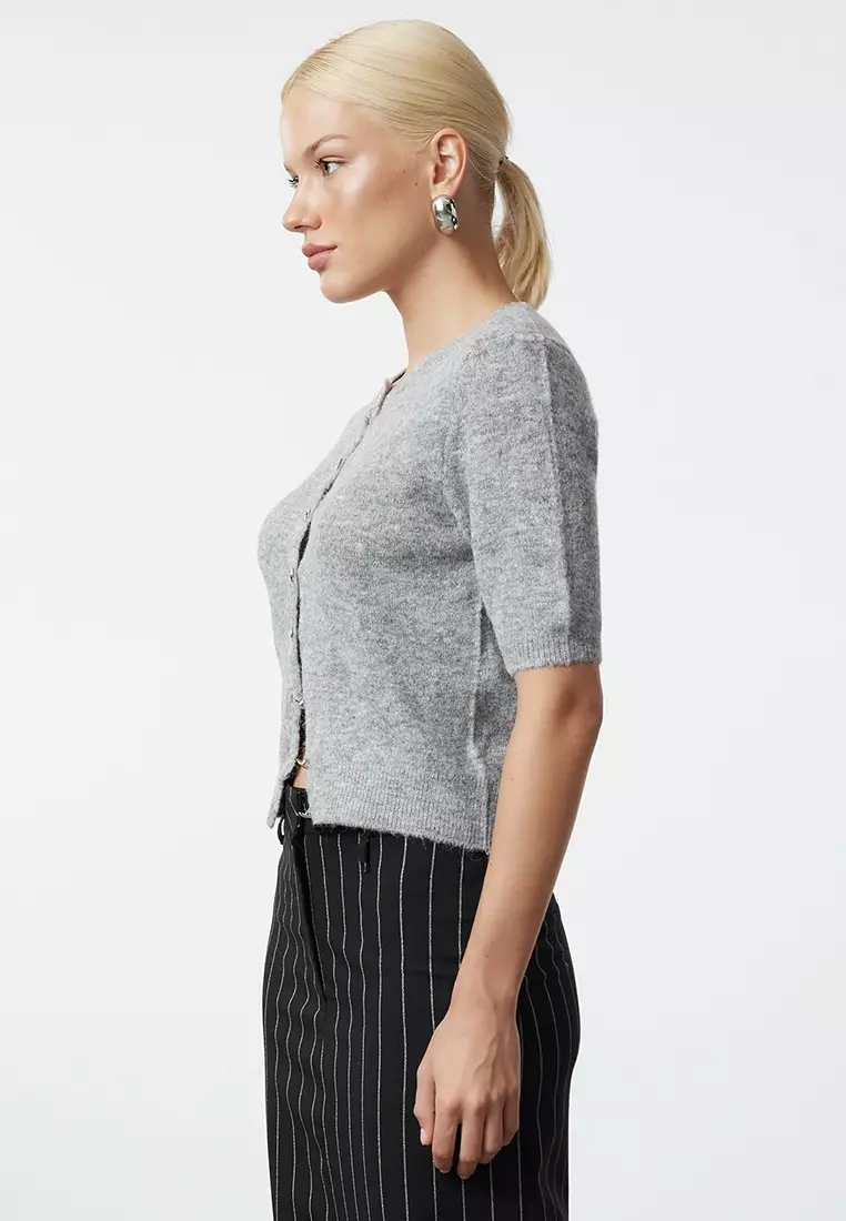 Gray Crop Cotton Wool Knit Cardigan TWOAW25HI00152