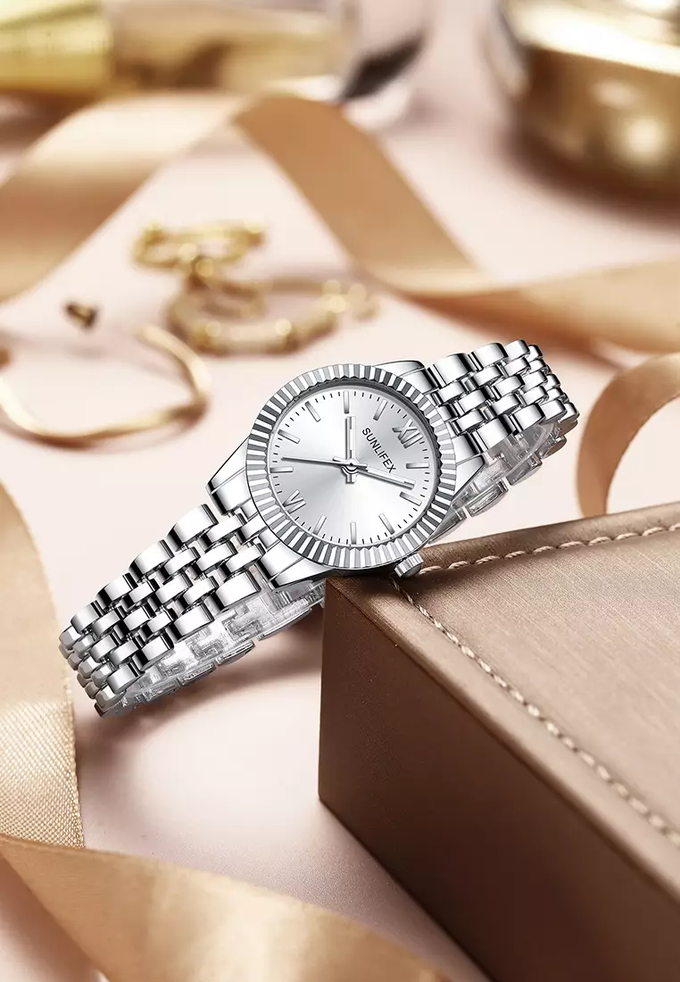 Jam Tangan Wanita Original Mode Creative Dial Anti Air Kuarsa Bercahaya Jam Tangan Cewek silverwhite