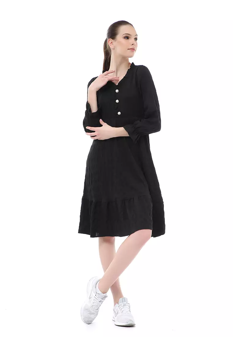 Rachel Dress Kasual Wanita Lengan Panjang Model Simple Material Chiffon ORIGINAL - Black