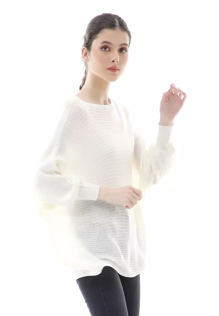 Eveline Sweater Rajut Batwing Atasan Wanita Motif Polos High Quality - Putih