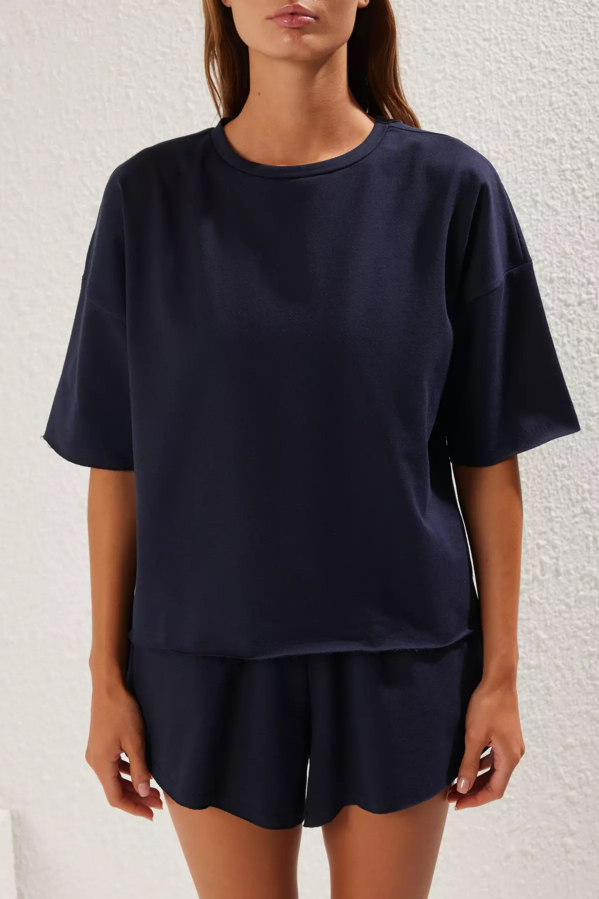 Navy Blue Oversize/Wide Pattern Thin Flexible Shorts T-Shirt Knitted Top Bottom Set