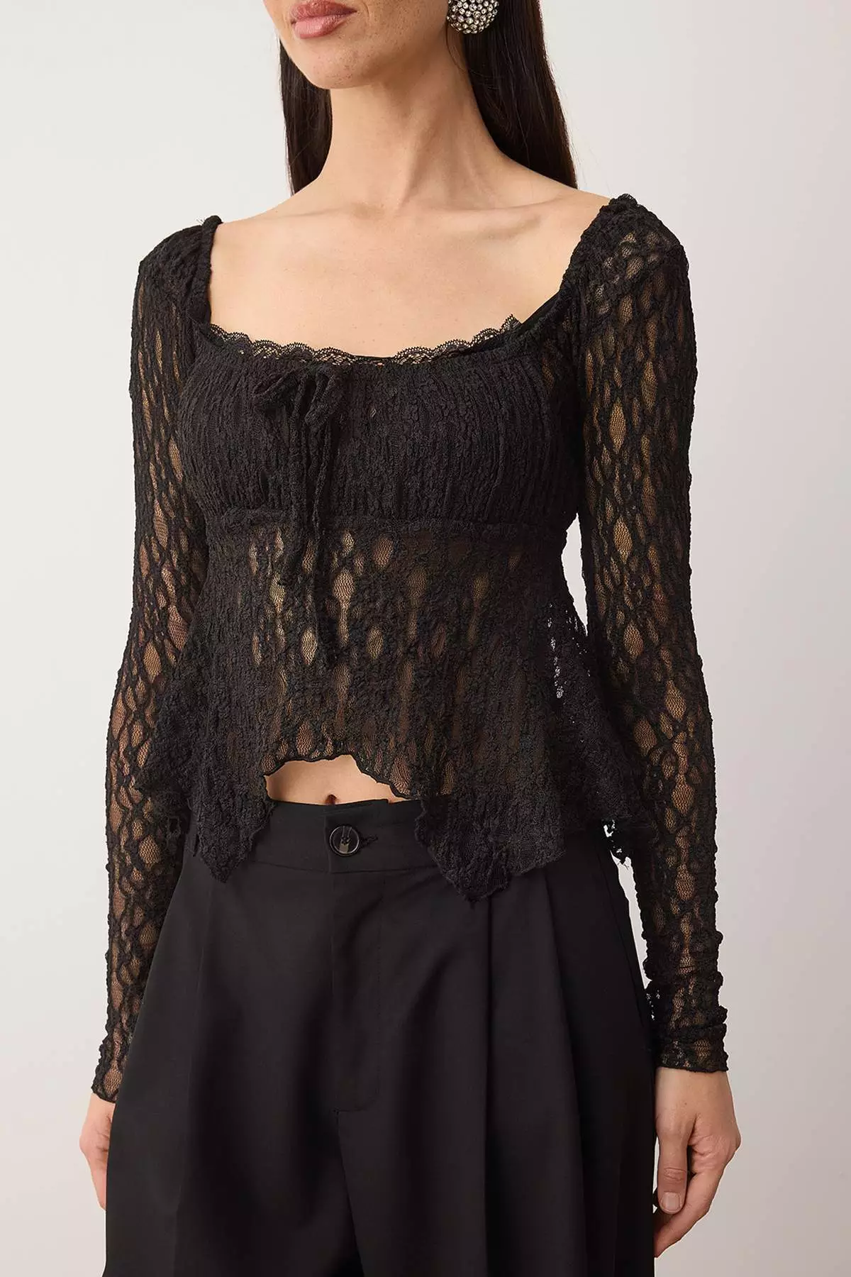 Black Square Collar Unlined Lace Party Blouse Tpraw26Bz7