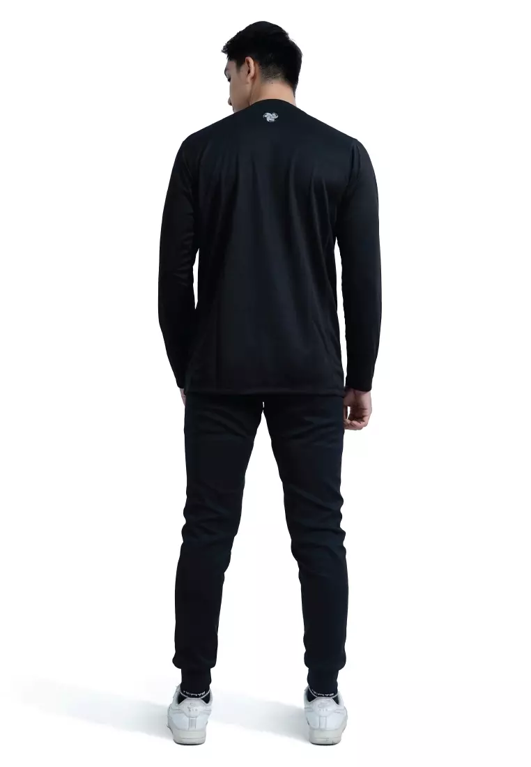 Tiento Setelan Olahraga Kaos Lari Dry Fit Lengan Panjang Black Baju Running Tiento Celana Jogger Panjang Long Pants Joger Basic Sporty Black