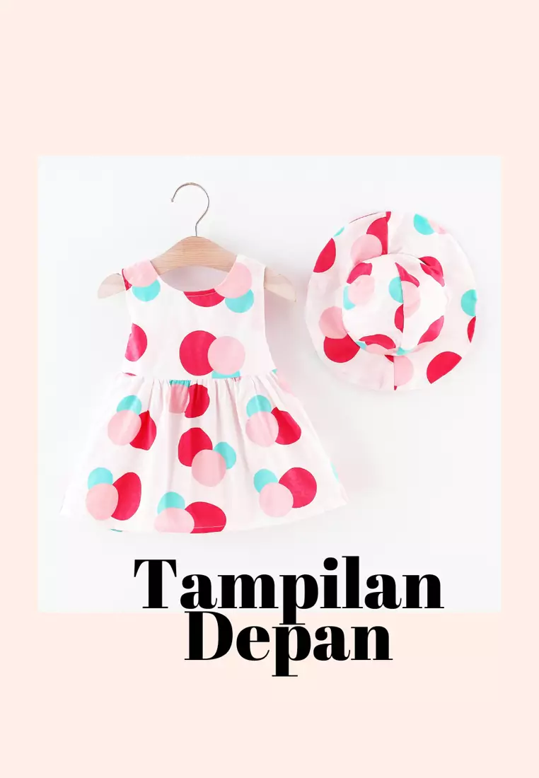 Wakakids Dress Bayi Anak Perempuan Set dengan Topi Motif Lucu Pita Full Printing Katun 4424 Venrz Cherry Pink