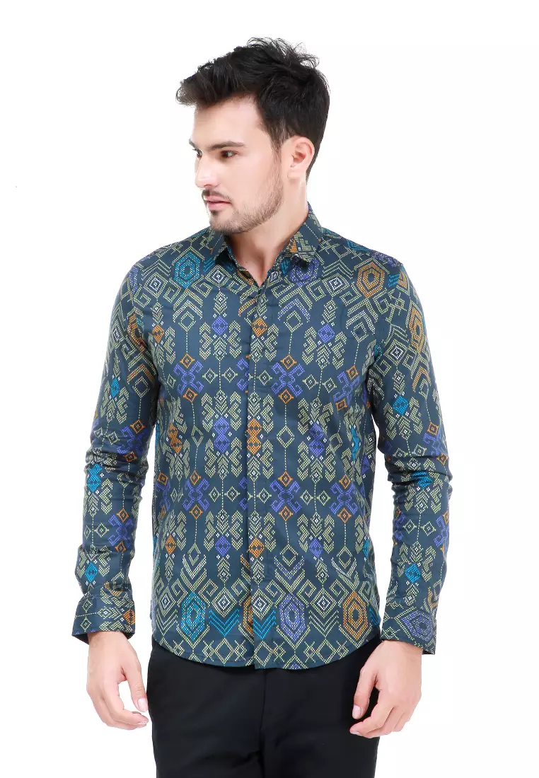 Dwan Kemeja Batik Pria Tribe Atasan Formal Longsleeve Shirt Material Cotton ORIGINAL - Green