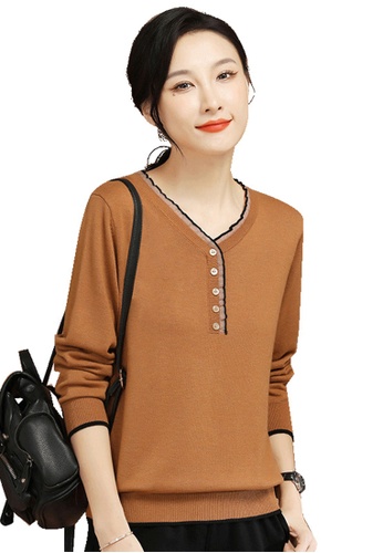A-IN GIRLS brown Retro V-Neck All-Match Sweater FDC3EAA1E353A0GS_1