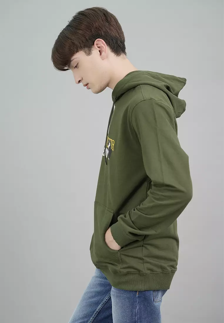 LGS Street - Hoodie Casual Pria Lengan Panjang Warna Hijau Army Motif Sablon - SH.10.H031.019.C