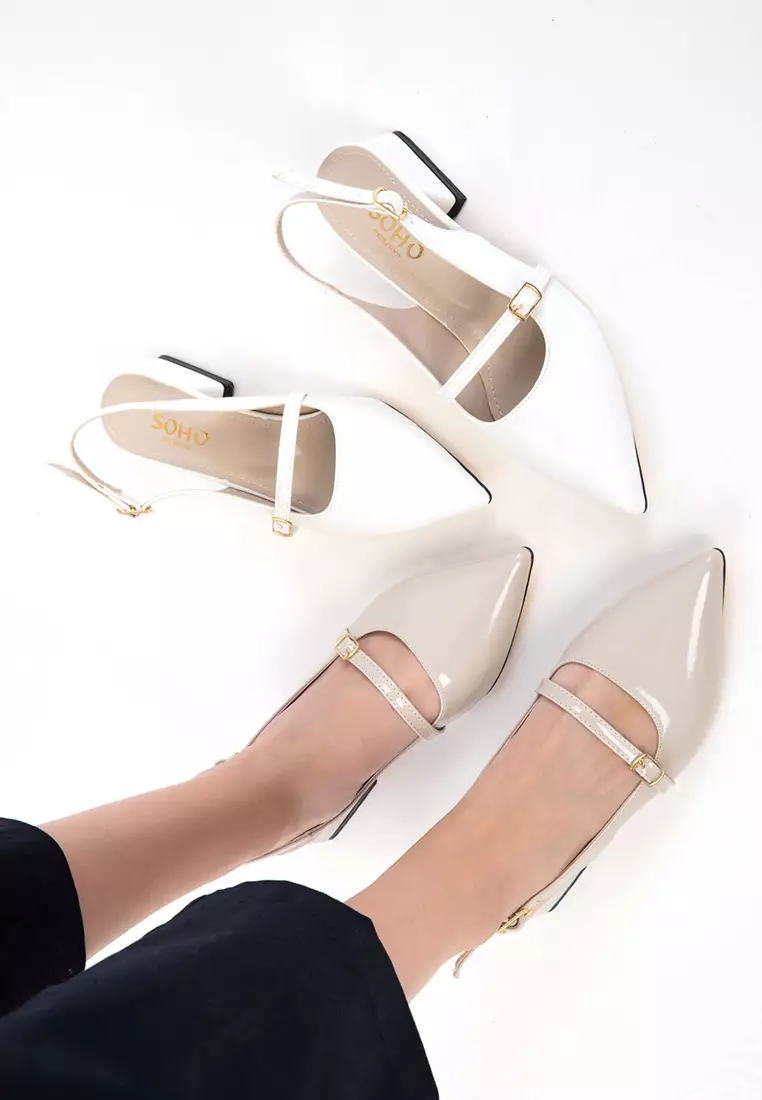 Beige Patent Leather Women's Classic Heeled Shoes 20656