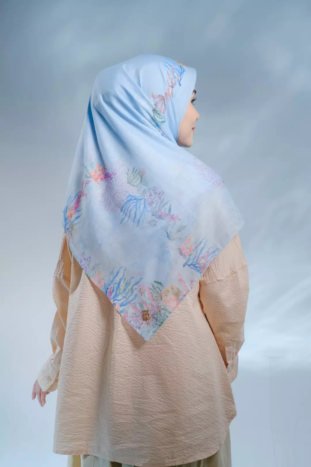 PELAGIA Scarf Powder Blue - Kerudung Hijab Segiempat Motif With BOX - Bahan Nesla - Ukuran 115x115