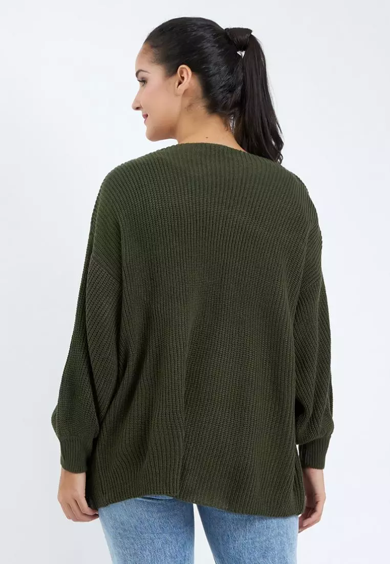Balloon Sleeve Knit Cardigan in Green