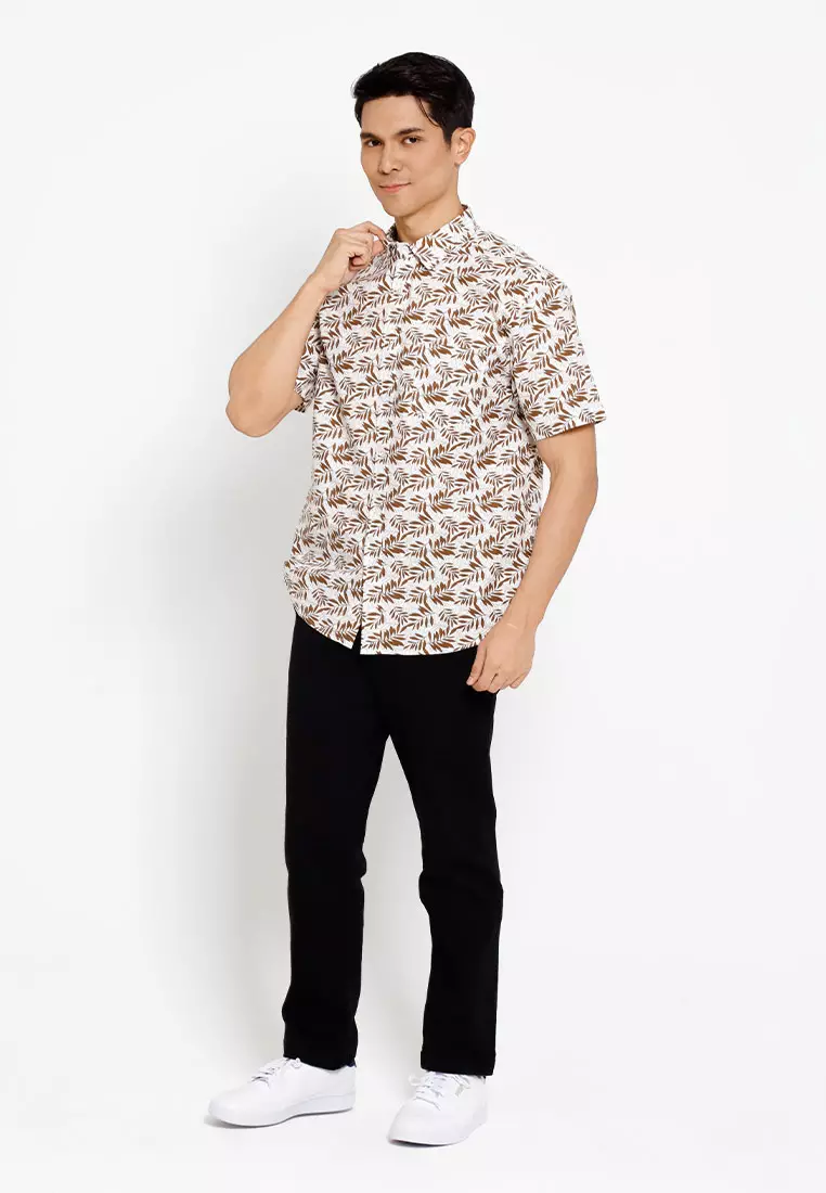 Forest Woven  Collar Full Floral Printed Short Sleeve Men Shirt | Baju Kemeja Lelaki - 621452-11Brown