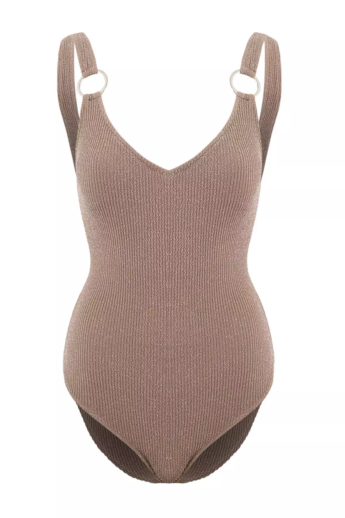 Mink Textured V-Neck Covered Regular Swimsuit With Accessory Detail Tbess26Ma5