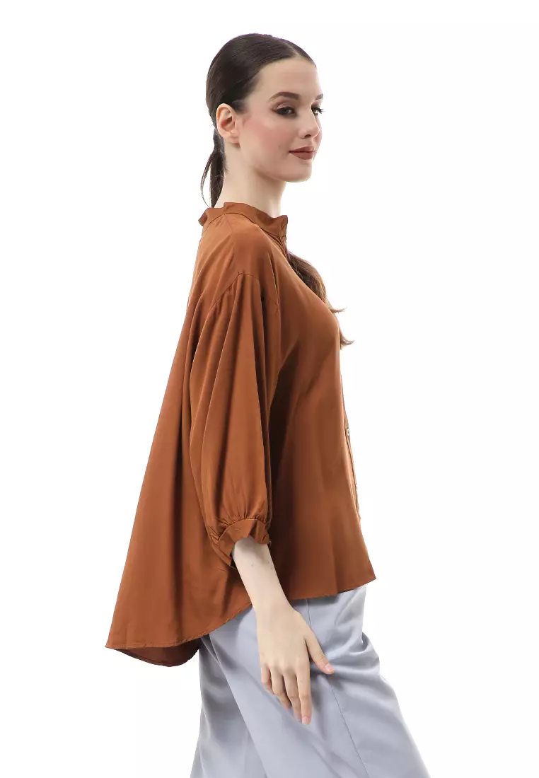 Ghita Kemeja Atasan Wanita Motif Polos Long Sleeve High Quality - Caramel