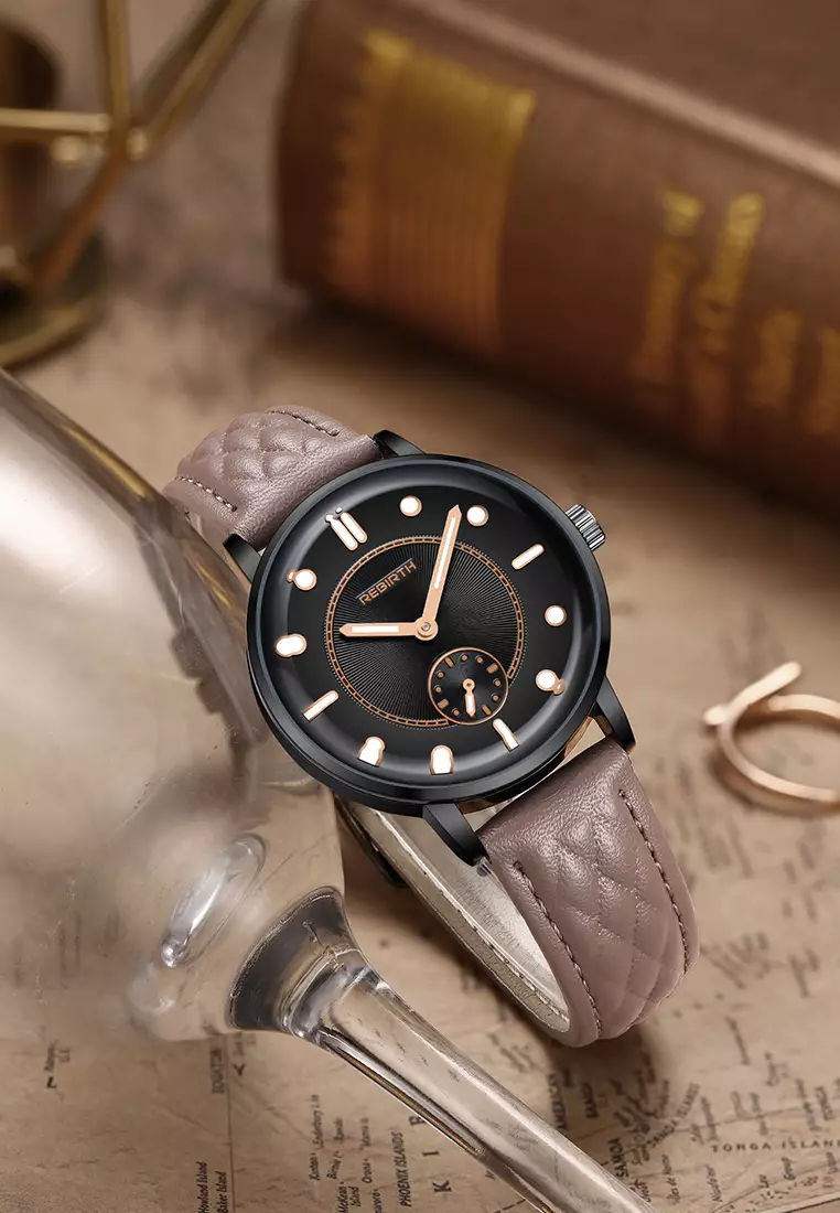 Jam Tangan Wanita Original Anggun Bercahaya Tali Kulit Mode Jam Tangan Cewek khakiblack