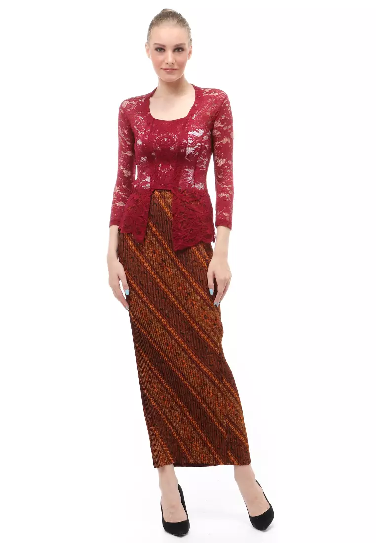 Hara Kebaya Seri 1 Motif Brokat Long Sleeves Atasan Wanita Transparan Premium Quality - Maroon