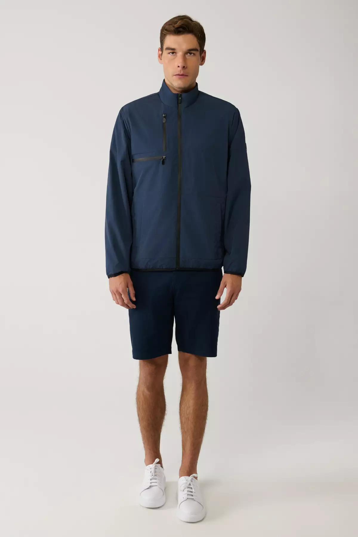 Men'S Navy Blue Stand Collar Mesh Lined Zippered Water Repellent Comfort Fit Coat A41Y6012