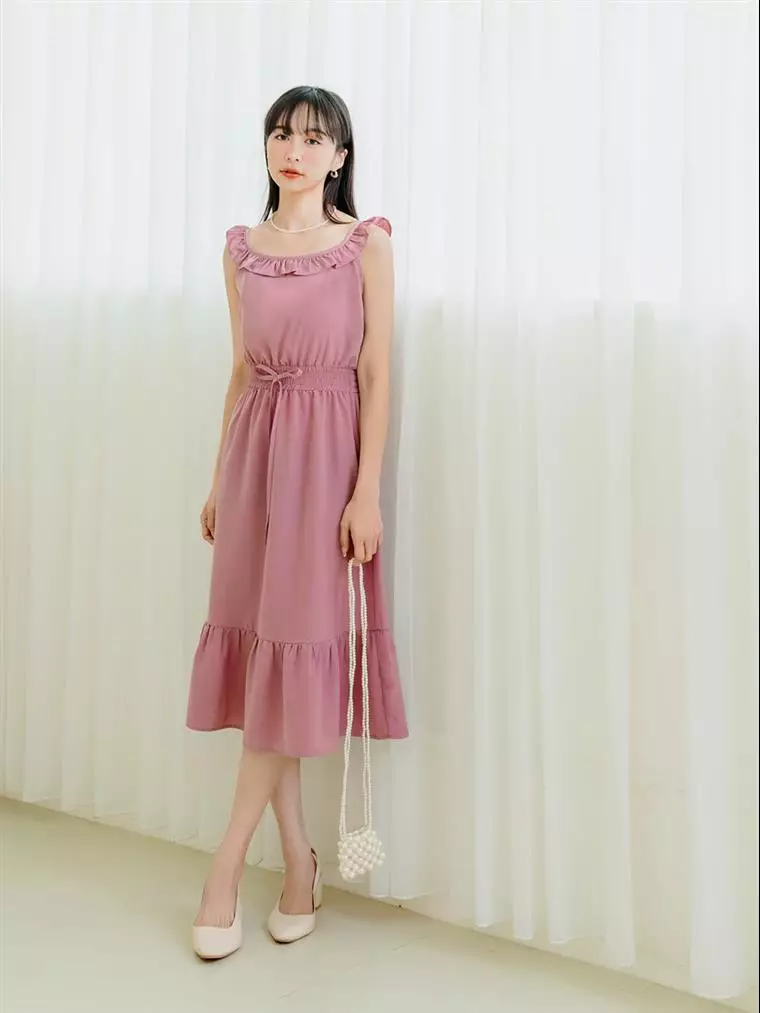 Frill Neck Tie Waist Long Dress [DA9764]