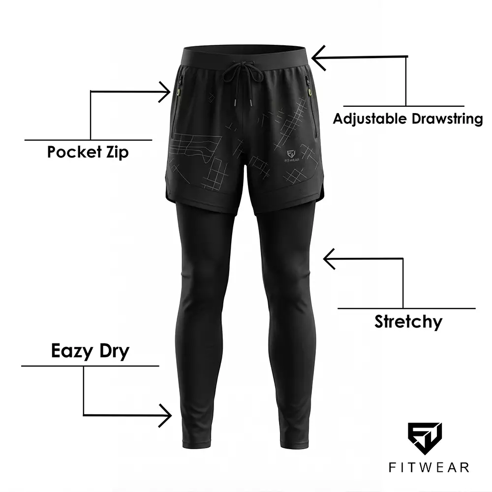 Fitwear - Celana Lari + Legging Pria WILLIAM MARBLE SHORT - BLACK GEOMETRIC