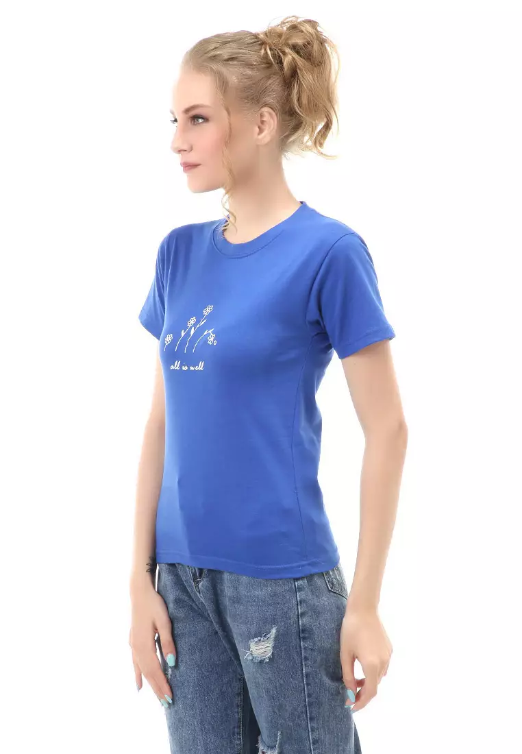 Genevie T-Shirt Kaos Kasual Wanita All Is Well Short Sleeve Material Cotton Combed ORIGINAL - Blue Benhur