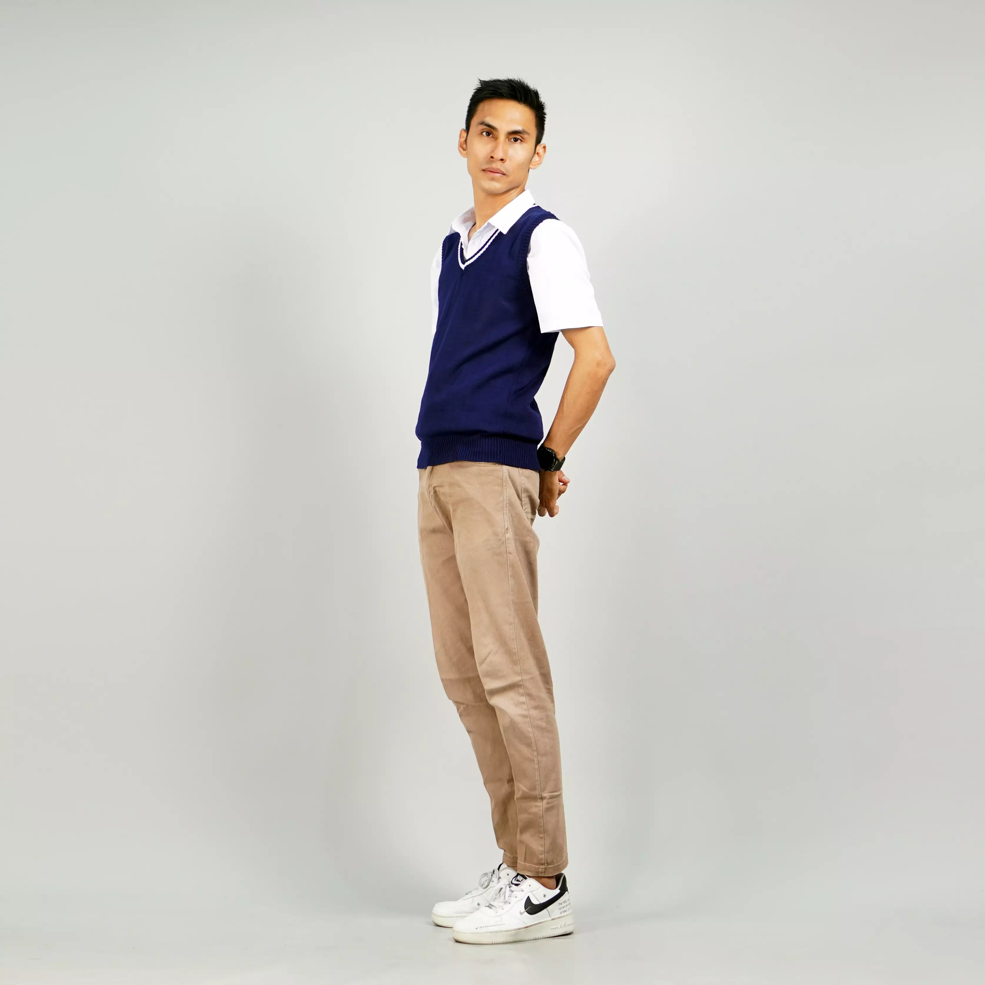 VIJAY Knit Vest Rompi Rajut Rompi Pria Navy Rompi List Leher Rompi Seragam - NAVY