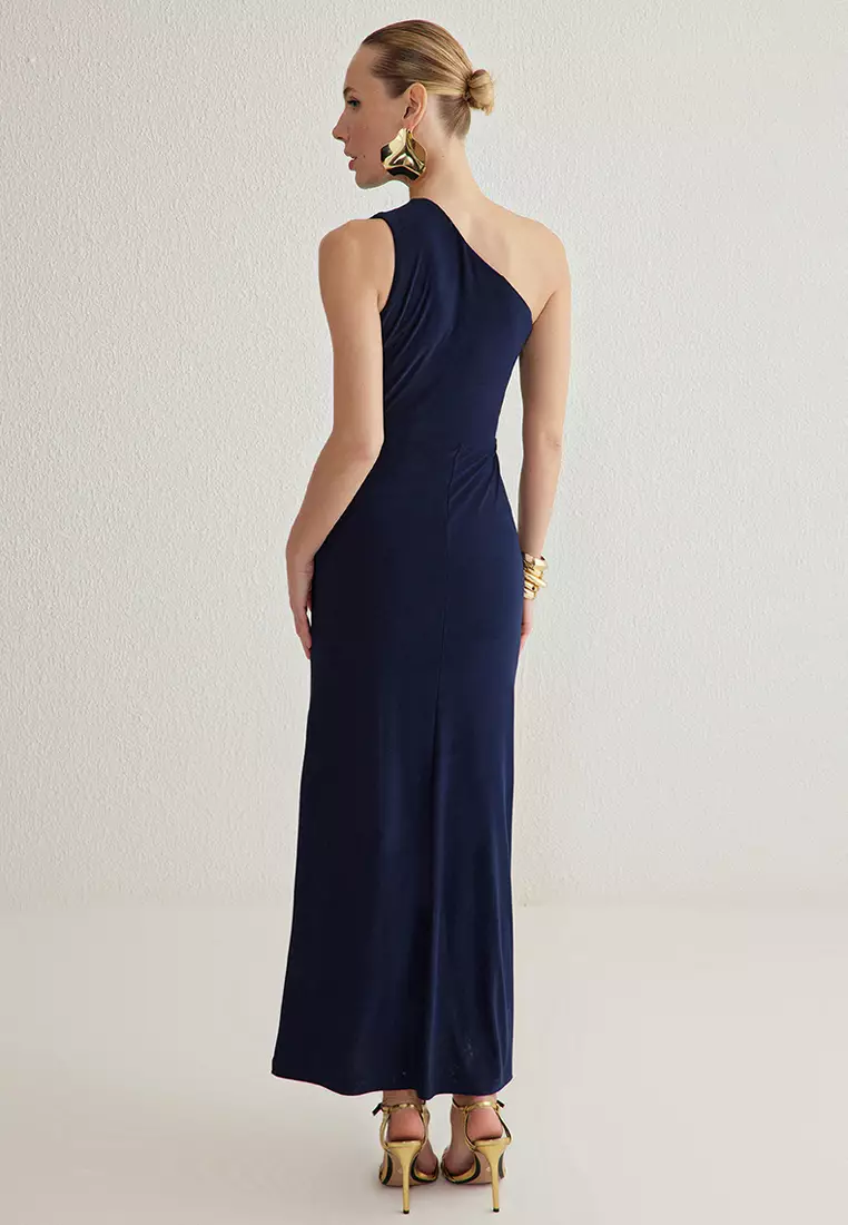 Navy Blue Body-fitting Accessory Detailed Knitted Long Elegant Evening Night Graduation Dress TPRSS25AE00016