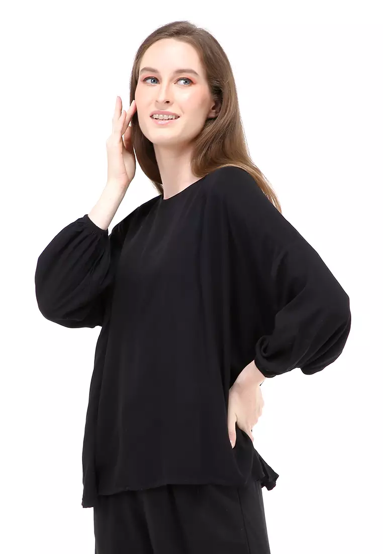 Jennifer Blouse Long Sleeves Wanita Motif Polos Atasan Casual - Black