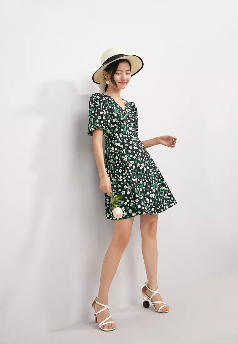 V-Neck Short Sleeve Floral Mini Dress