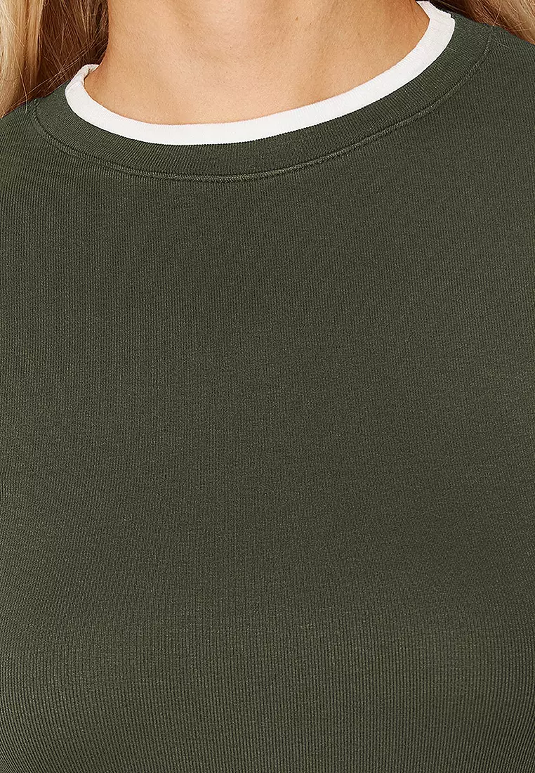 Khaki/Soft Fabric Color Block Stretchy Knitted T-Shirt