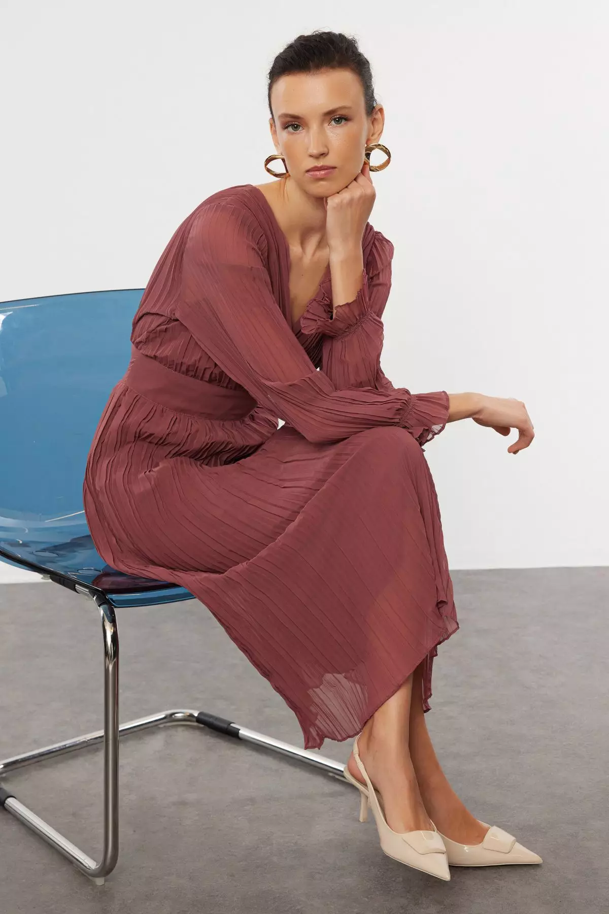 Dusty Rose Belted Plain Maxi Woven Dress TWOAW24EL00478