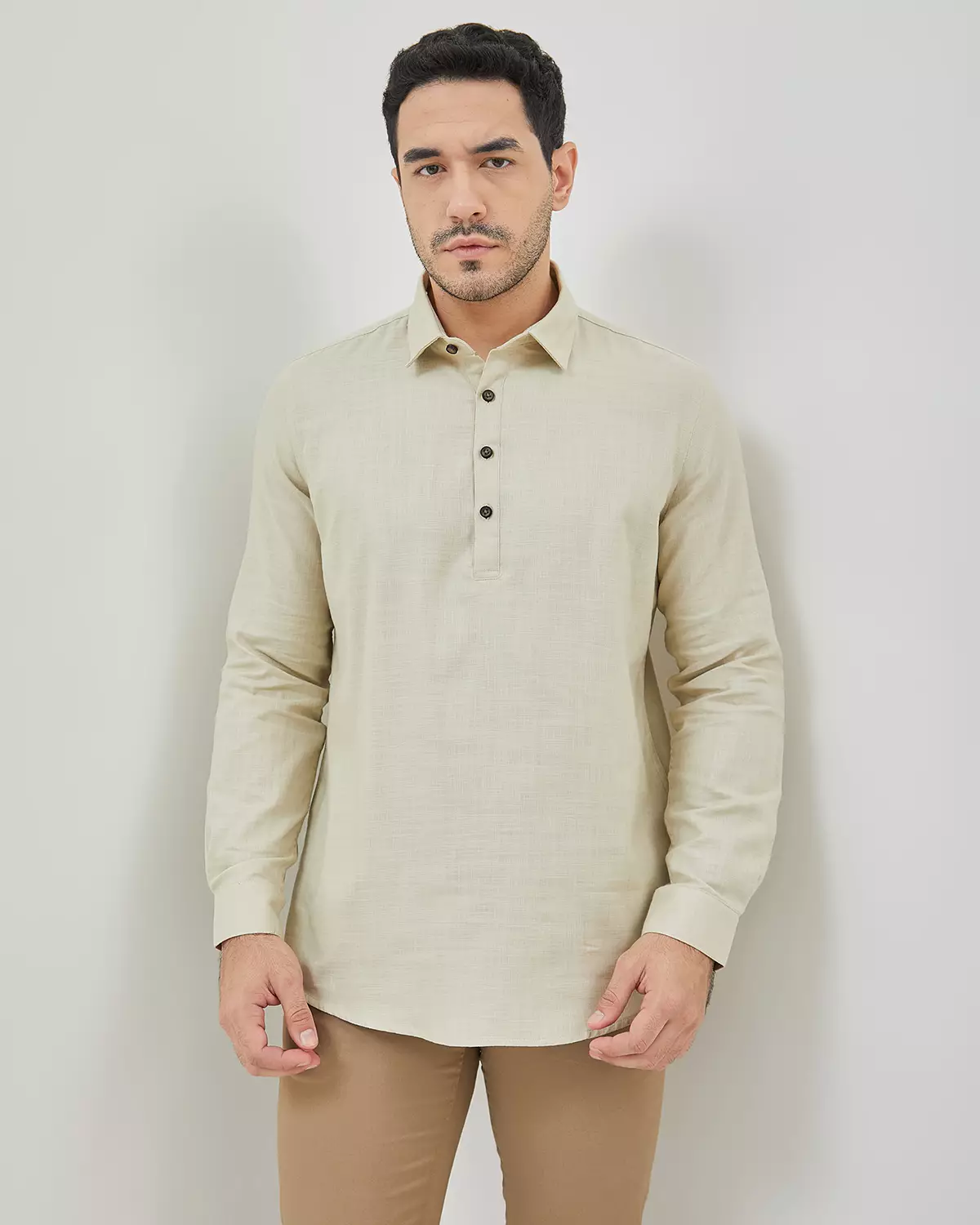 MEN'S CREAM HALF-PLACKET LONG-SLEEVED REGULAR SHIRT