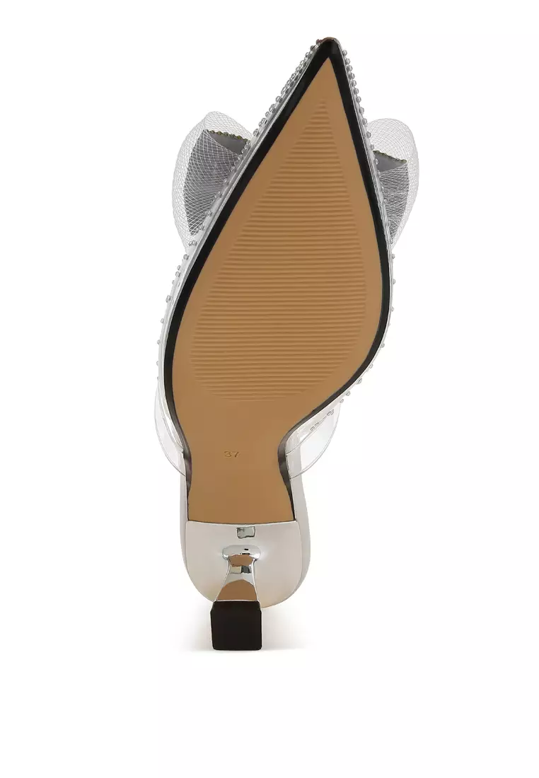 Sepatu Hak Kucing Busur Berhias Warna Perak