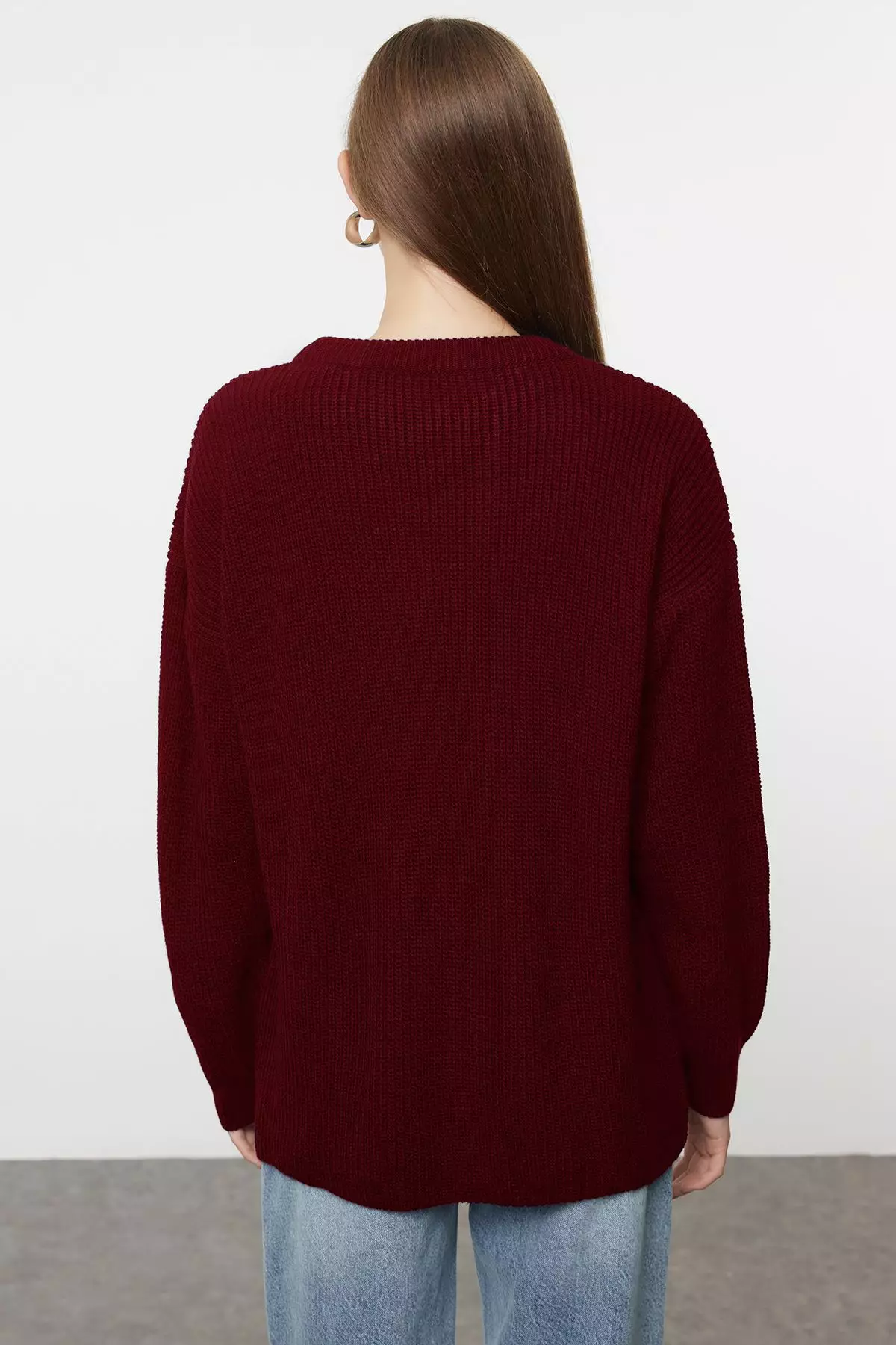 Claret Red Wide Pattern Ribbed Crew Neck Knitwear Sweater TWOAW25KZ00342