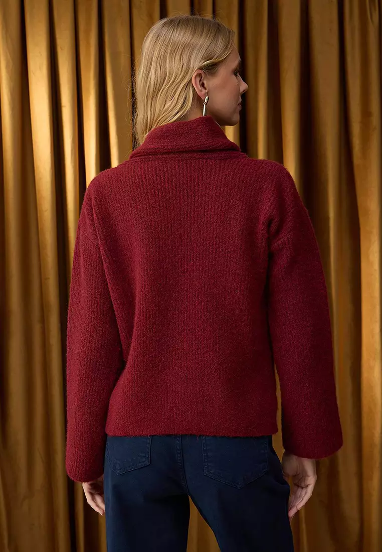 Burgundy Wool Blend Beard Yarn Shawl Collar Detailed Knitwear Sweater Twoaw26Kz00008