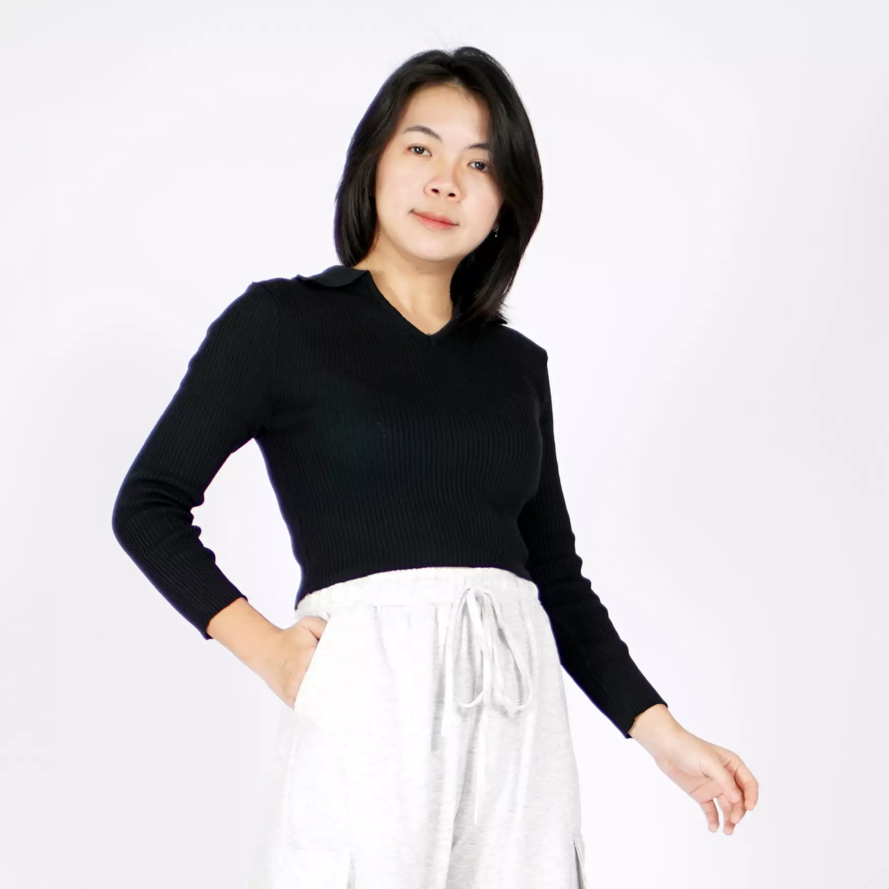  ANGEL Knit Crop Top Rajut CropTop Lengan Panjang Korean Style - Hitam