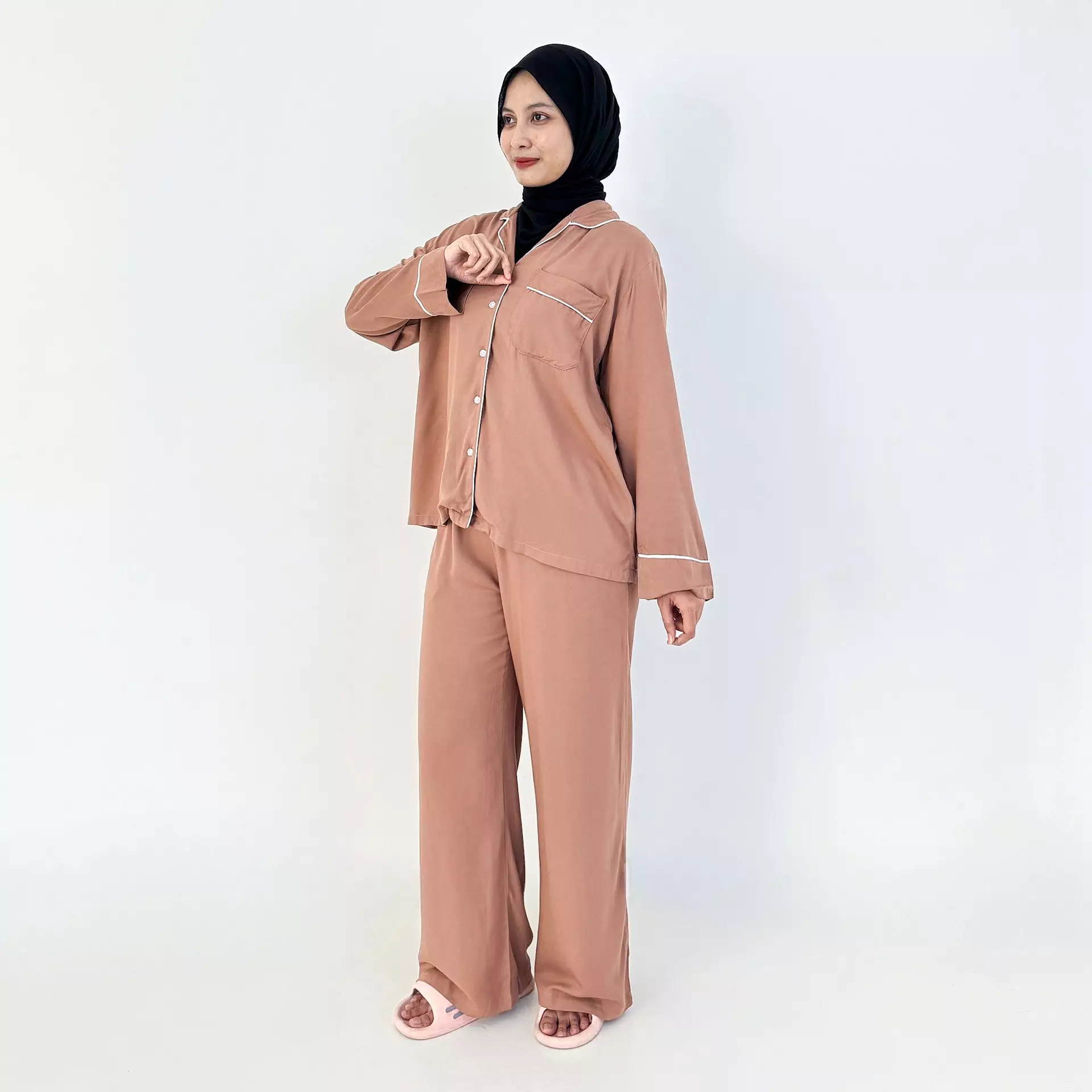 Serena Pajama Sets | Size L-XXL COKLAT MUDA | Setelan Baju Tidur Lengan Panjang Wanita Katun