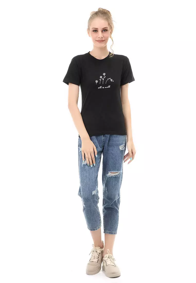 Genevie T-Shirt Kaos Kasual Wanita All Is Well Short Sleeve Material Cotton Combed ORIGINAL - Black
