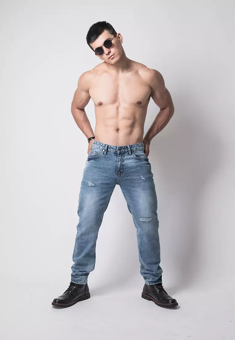 Tapered Fit Jeans Premium Washed Blue Ripped