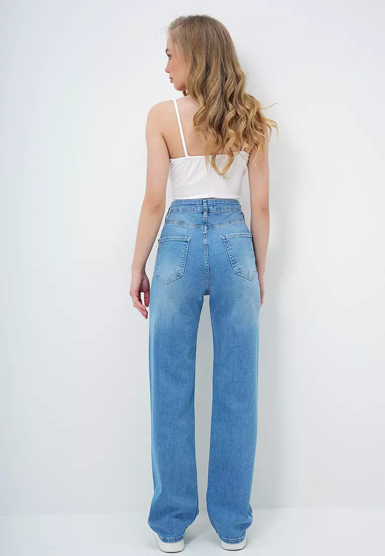 Women Light Blue High Waist Lycra Washed Palazzo Jean Pants Alc-X13954