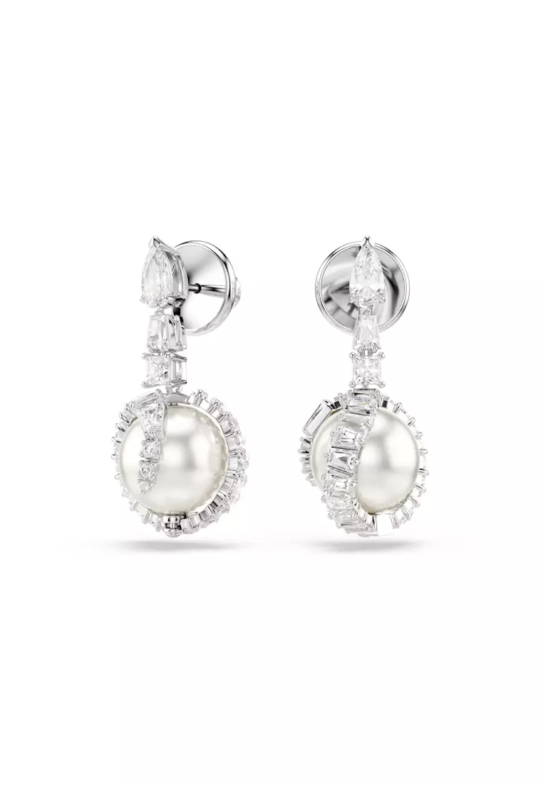 Snake drop earrings, Crystal pearl, Mixed cuts, Year of the Snake, White, Rhodium plated