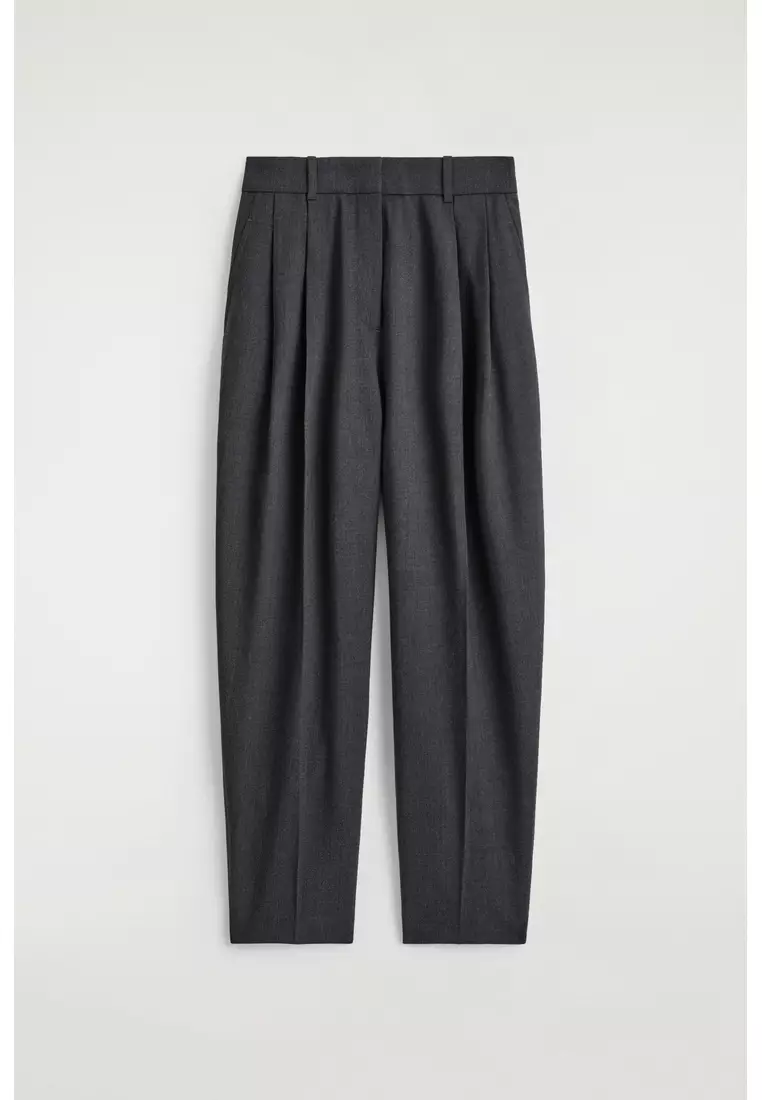 PLEATED WOOL-BLEND BARREL-LEG TROUSERS