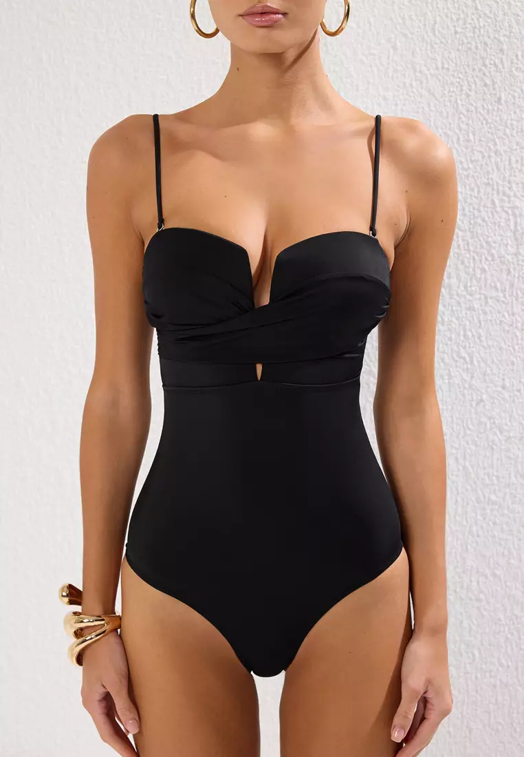 Black Strapless Draped Regular Swimsuit