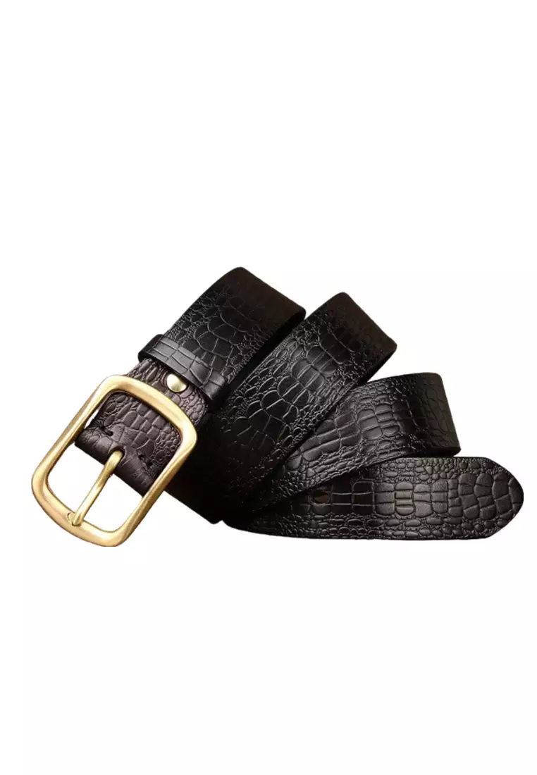 Retro crocodile embossed leather pin buckle belt