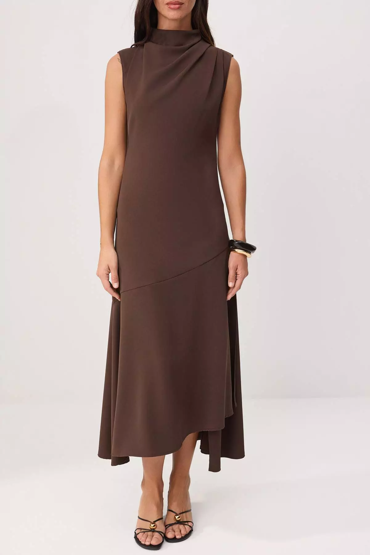 Brown Slit Draped Collar Dress Twoss26El96