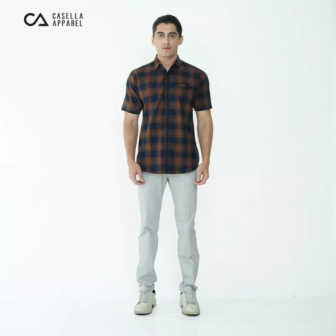 Casella Kemeja Chicago Pria Lengan Pendek Exclusive Motif Kotak 2350 Rust Denim